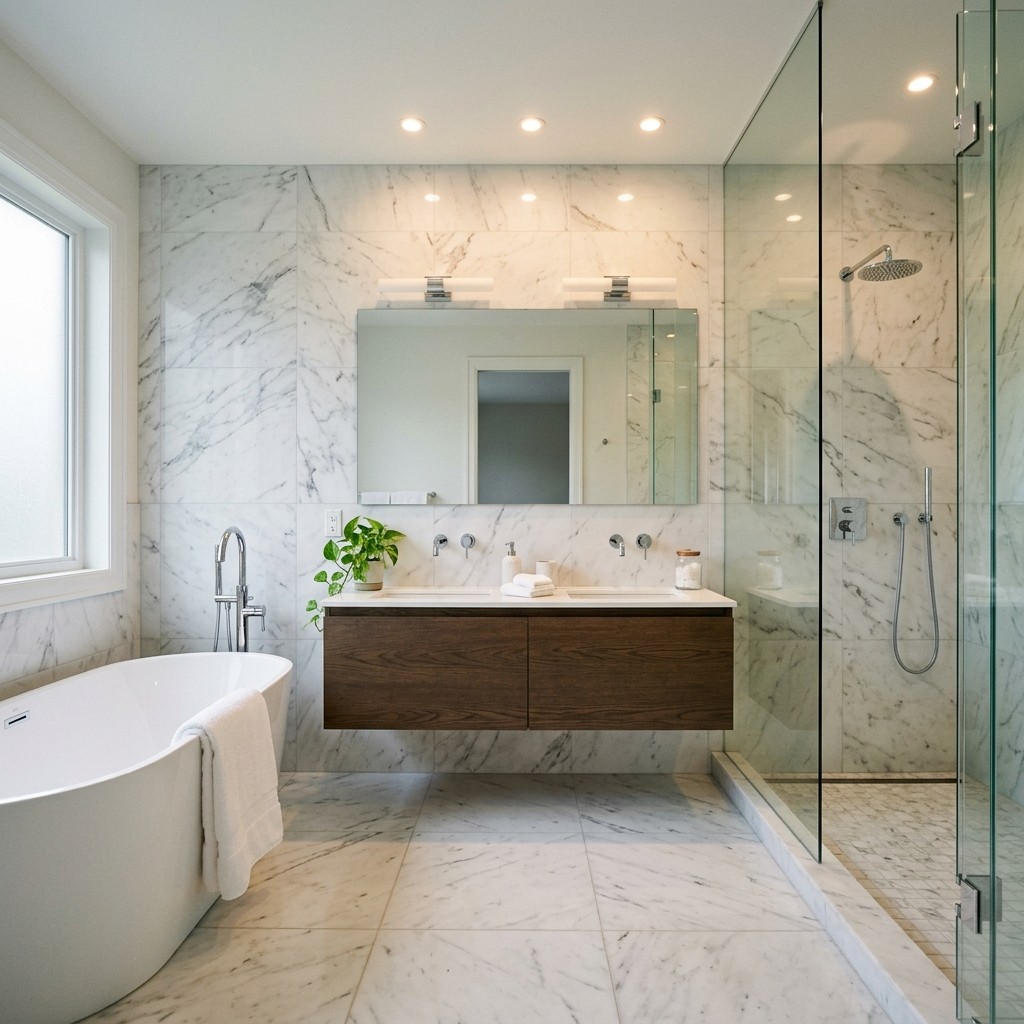 Finished bathroom refurbishment in London with upgraded suite, modern tiling, improved lighting, and clean finishing