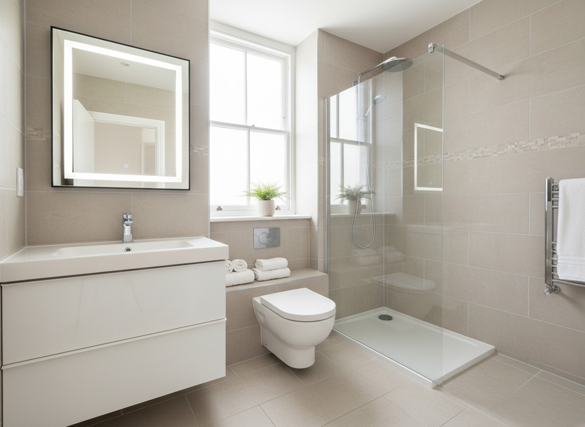Bathroom refurbishment in London with a practical bathroom upgrade including modern tiling, upgraded suite, improved lighting, and clean finishing