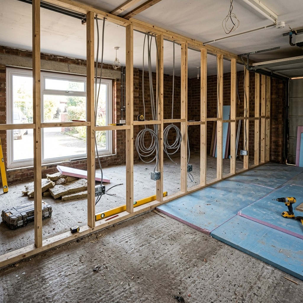 Garage conversion in progress in London with insulation, stud walls, and first fix electrics underway