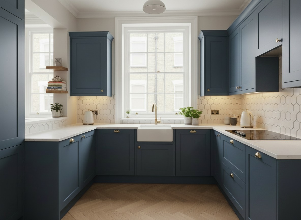 Kitchen refurbishment in London with a modern kitchen makeover including cabinet upgrades, worktop replacement, tiling, lighting, and finishing work